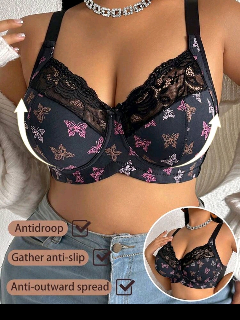 NWOT Lace Trim Butterfly Print Full Coverage Bra - Black/Pink
